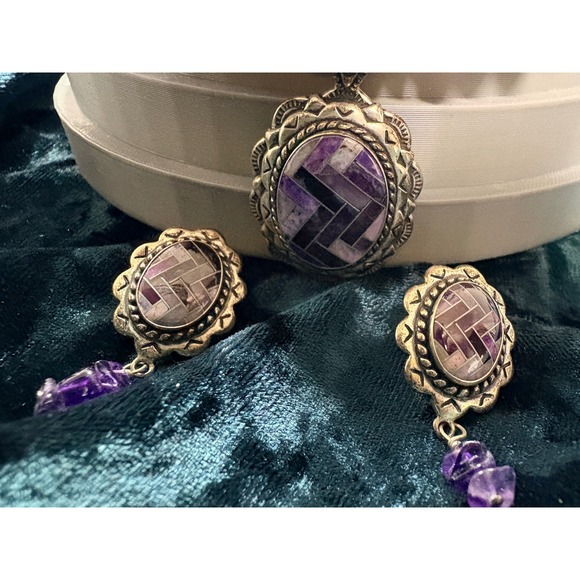 Carolyn Pollack Amethyst Inlay Necklace Pendant Earrings Set Sterling Silver 18" - Picture 11 of 15